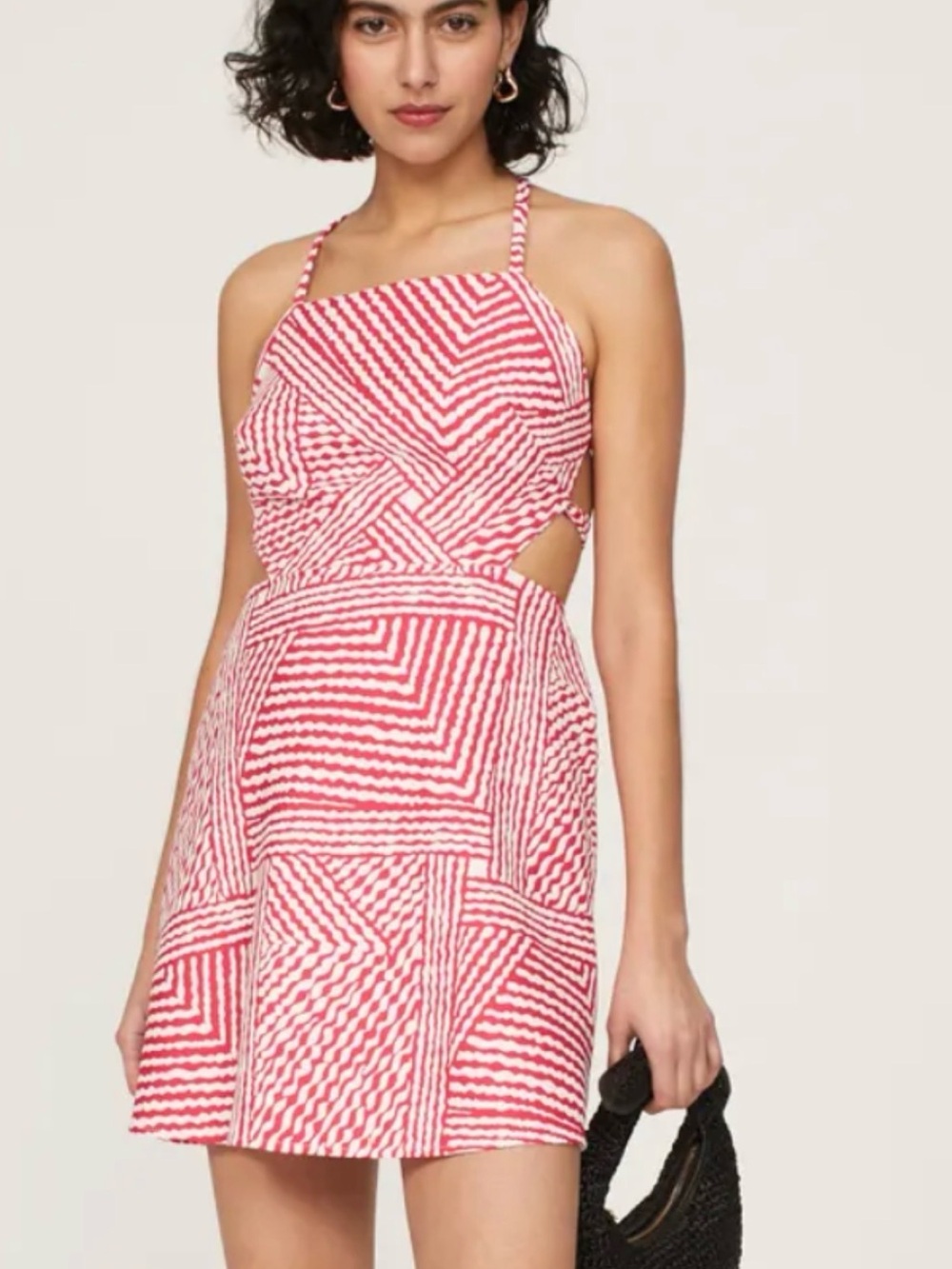 Ronny Kobo Collection Red & White Patterned Cutout Mini Dress